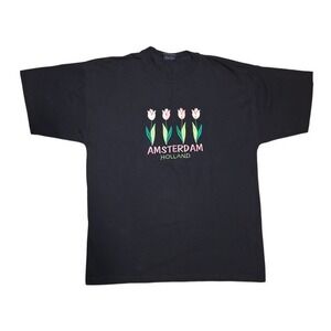 Malu Amsterdam Holland Tulips Embroidered Black T-Shirt Size XL